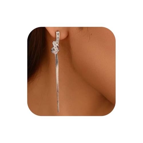 Dangle Earrings for Women, Sparkly Rhinestone Long Tassel Chain Earrings | 18K Gold or 18K White Gold Plated, 925 Sterling Silver Posts, Cubic Zirconia, Hypoallergenic, Tarnish Resistant, Lightweight - color: Silver