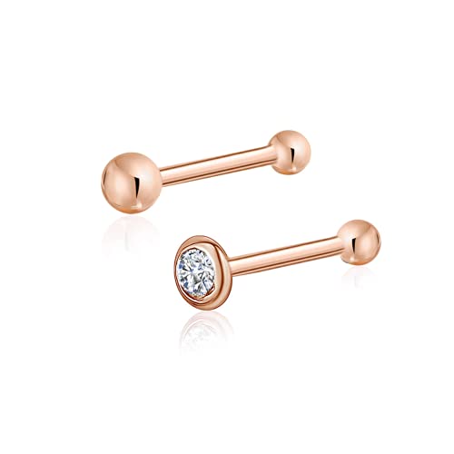 Massete 18k 14k Gold Nose Ring - 20g Nose Stud, Hypoallergenic Threadless Piercings for Women Men, Yellow White Rose Real Gold Standard or Long Nose Rings Studs, CZ or Ball Nose Piercing Jewelry - color: Simulated Diamond & Ball - 14k Rose Gold - 2 Pack,