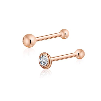 Massete 18k 14k Gold Nose Ring - 20g Nose Stud, Hypoallergenic Threadless Piercings for Women Men, Yellow White Rose Real Gold Standard or Long Nose Rings Studs, CZ or Ball Nose Piercing Jewelry - color: Simulated Diamond & Ball - 14k Rose Gold - 2 Pack,