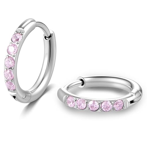 Hypoallergenic Unisex Surgical Steel Small Cubic Zirconia Huggie Hoop Earring, Color Gold - Silver - Rose Gold - Black - Rainbow, Size 6mm- 12mm Safe for Sensitive Ear - style: 8MM Silver Hoops, Pink CZ