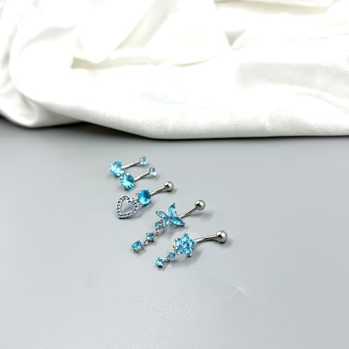 5PCS Crystal Belly Button Ring for Women Dangle Navel Belly Piercing Jewelry Cute Bow Butterfly Heart Angel wings Navel Belly Rings 14G Silver Surgical Steel Belly Button Stud - color: Bule-5pcs