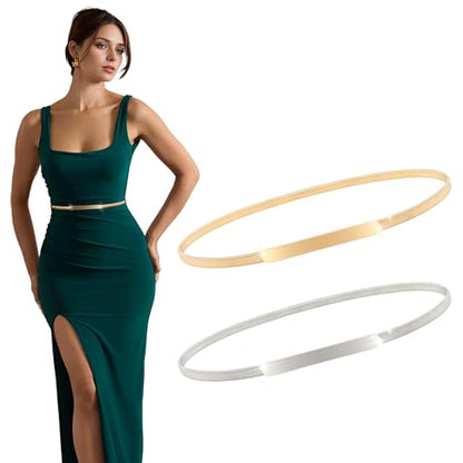 XZQTIVE 2 Pieces Women Skinny Metal Chain Waist Belt Stretchy Saree Cinch Belt for Dress Gold Sliver - color: 00 Smooth-gold/Silver, size: Fit waist 30-33 in
