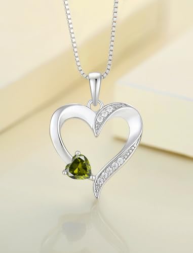 YL Heart Necklace 925 Sterling Silver Love Heart Pendant Birthstone Jewelry for Women - color: 08-peridot-Aug
