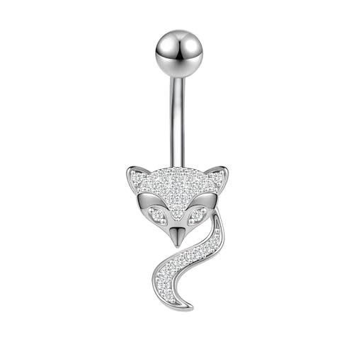 14G Surgical Stainless Steel Dangle Belly Button Rings for Women Belly Ring Dangling Piercing Jewelry CZ Snake lizard Skull Spider bat Halloween Party Punk Rock - style: Fox