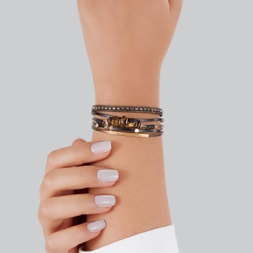 Boho Gemstone Beaded Leather Wrap Bracelets Stackable Chunky Cuff Bracelet Western Jewelry Cowboy Chic Country Concert Outfits for Women - color: Brown