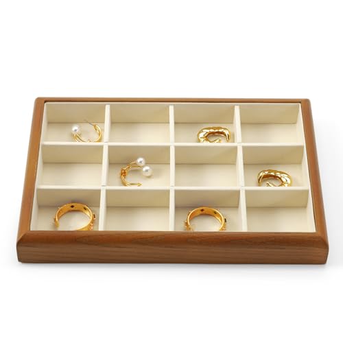 Oirlv Wood 12-Compartment Jewelry Tray | Solid Wood Frame, Soft Microfiber Interior, 9.84X17X1.18in, Versatile Storage for Rings/Earrings/Necklaces, Beautiful Finish - color: Cream, size: 12 grid