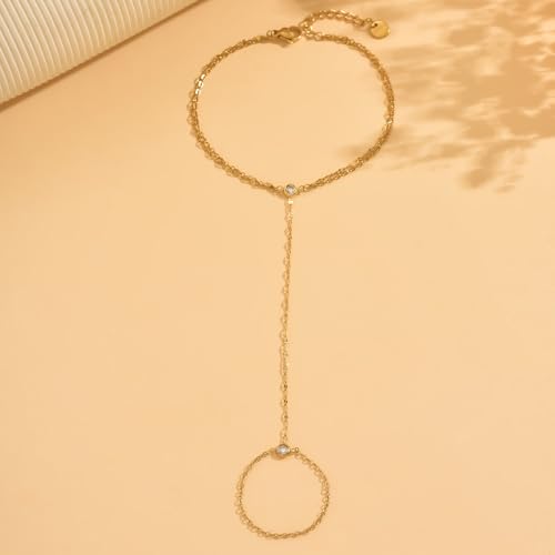 Gold Hand Chain Bracelet for Women 18K Gold Plated Stainless Steel Ring Bracelet Hand Chain with Pearl Star CZ Adjustable Hand Jewelry Chain Gifts - color: Y 2Layered Lip-Gold