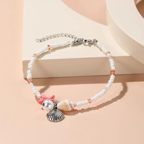 Beach Puka Shell Anklet for Women Waterproof Beaded Ankle Bracelets Adjustable Starfish Seashell Pearl Foot Chain Boho Jewerly Present for Summer Beach Party - color: fense