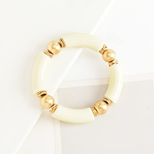LALAPPLE Gold Plated Beaded Acrylic Bamboo Tube Bangle Bracelets for Women, Colorful Chunky Curved Tube With Gold Plated Pieces Beads Stretch Bracelet Friendship Summer Beach Jewelry - color: A-Ivory