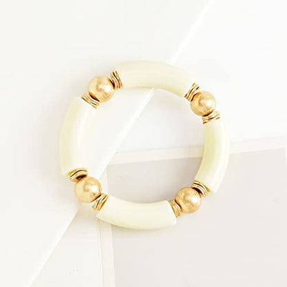 LALAPPLE Gold Plated Beaded Acrylic Bamboo Tube Bangle Bracelets for Women, Colorful Chunky Curved Tube With Gold Plated Pieces Beads Stretch Bracelet Friendship Summer Beach Jewelry - color: A-Ivory