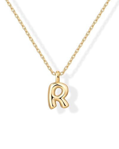 PAVOI 14K Gold Plated Dainty Chunky Bubble Initial Letter Pendant Necklace for Women | Alphabet Letter Necklace - style: - R