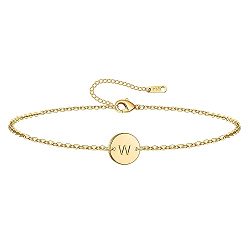 Ovian Initial Charm Bracelet for Women 18K Gold Plated stainless steel Coin Disc Engraved Letter Bracelet Personalized Monogram Name Bracelet - color: W