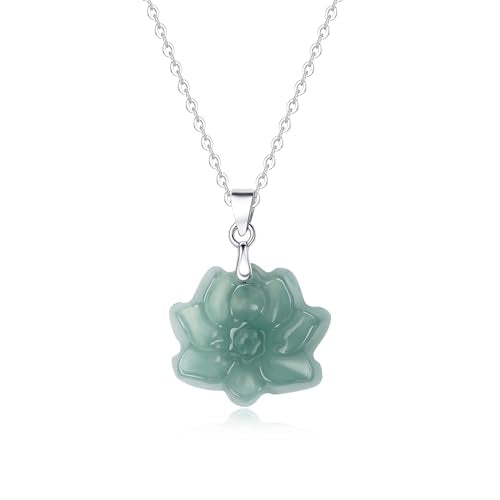Real Green Jade Pendant Necklace for Women Donut/Heart/Clover/Teardrop/Rose/Lotus Flowers Genuine Jadeite Jewelry with Gold Plated 925 Sterling Silver Chain - style: Lotus Silver Necklace