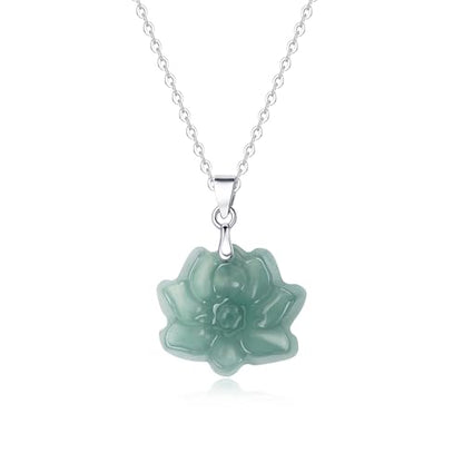 Real Green Jade Pendant Necklace for Women Donut/Heart/Clover/Teardrop/Rose/Lotus Flowers Genuine Jadeite Jewelry with Gold Plated 925 Sterling Silver Chain - style: Lotus Silver Necklace