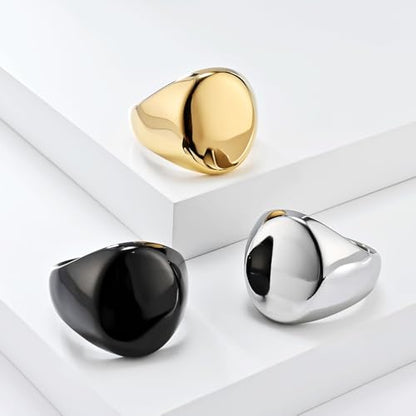 Men's Fashion Stainless Steel Oval Signet Ring Big Wide Solid Biker Band Polished Comfort Fit Silver/Gold/Black - color: Gold