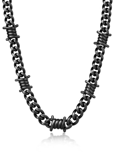 Bandmax Stainless Steel Barbed Wire Cuban Chain Necklace for Men & Women | Edgy Fierce Design, Waterproof & Tarnish Resistant, Silver/Black Tone, 5/7/9/12MM, 16-22 Inches, Street Punk Style Jewelry - color: A2 9MM-Black, size: 16 Inch (40cm, Hottest Choke