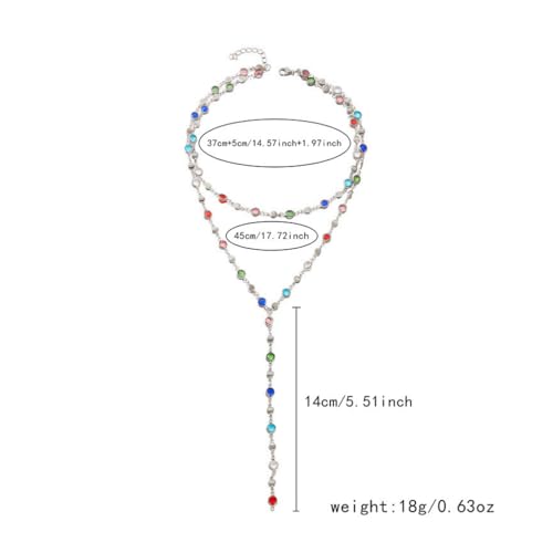 Colorful Rhinestone Long Necklaces for Women,Boho Small Crystal Drop Necklace,Boho Rhinestone Layered Necklaces - color: Silver