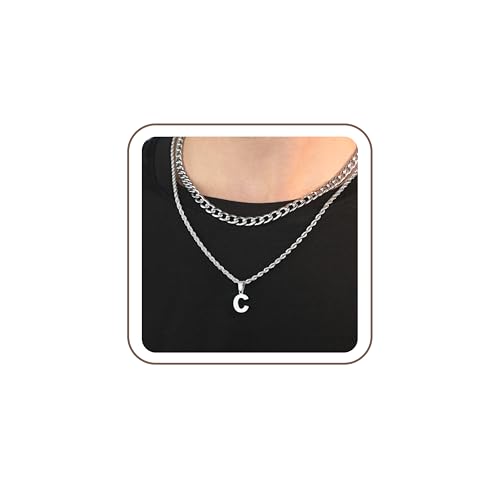 SENRAN Layered Initial A-Z Letter Necklace for Men Stainless Steel | Figaro Twist Rope Chain 18-20 inch Personalized Letter Charm Pendant Jewelry Gift for Women - style: C.