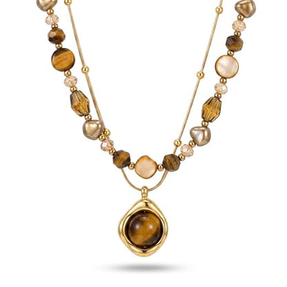 Tiger Eye Layered Necklace for Women Brown Beaded Gold Pendant Boho Western Double Layer Necklace Chain Vintage Aesthetic Jewelry Gift