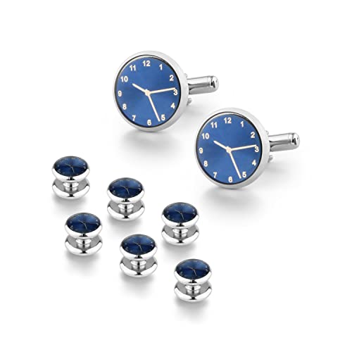 wynameleri Mens Tuxedo Shirt Button and Cuff Links Set, Classic Shirts Cufflink Studs, Formal Business Wedding Jewelry - color: Clock-Blue