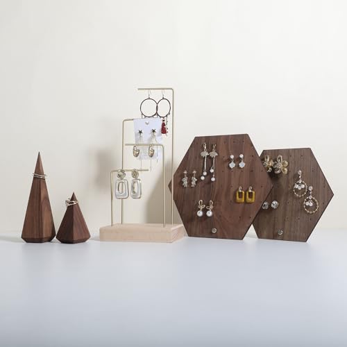 Hexagonal Earring Organizer stand, Walnut Plywood Jewelry Display Board for Hanging earring studs, Perfect for Storing and Showcasing Your Jewelry Collection【Set of Two Size】