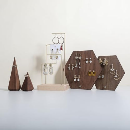 Hexagonal Earring Organizer stand, Walnut Plywood Jewelry Display Board for Hanging earring studs, Perfect for Storing and Showcasing Your Jewelry Collection【Set of Two Size】