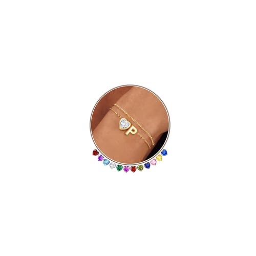 14K Gold Plated Heart Initial Birthstone Gold Bracelets for Women | Dainty Heart Letter A-Z Charm Layered Bracelets Birthday Trendy Jewelry Gifts for Women - color: P