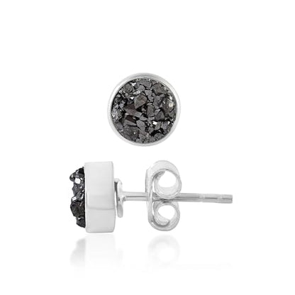 5 MM Natural Gemstone 925 Sterling Silver Hypoallergenic Studs Earrings Jewelry for Women Dainty Trendy Antiqued Silver Birthstone Earrings Jewelry Gifts for Women and Her - color: Black Druzy