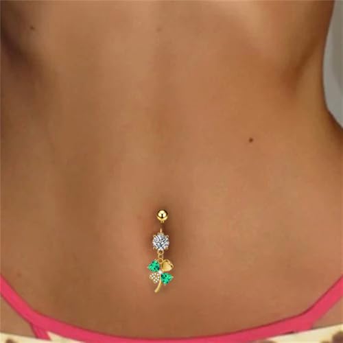 CZ Four Leaf Clove Belly Button Rings for Women Stainless Steel Green Crystal Belly Dangle Navel Piercing Barbell Studs Rings ST Patricks Day Irish Piercing Jewelry - color: Gold