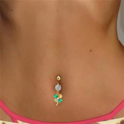 CZ Four Leaf Clove Belly Button Rings for Women Stainless Steel Green Crystal Belly Dangle Navel Piercing Barbell Studs Rings ST Patricks Day Irish Piercing Jewelry - color: Gold