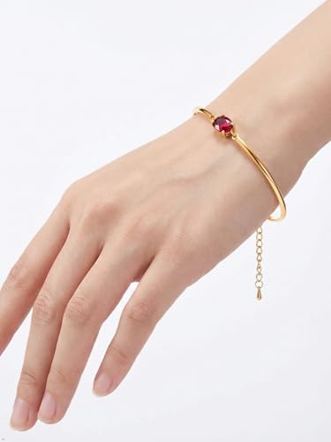 Moissanite/Sapphire/Ruby/Emerald Cuff Bracelet 1 Carat Oval Cut Center Stone Inlaid 925 Sterling Silver 14K Gold Plated Adjustable Birthstone Bangle for Women fit Wrist 5-7.5 Inch - color: Ruby Gold