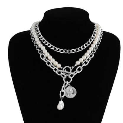Chunky Layered Pearl Necklaces Set for Women Big Coin OT Choker Necklace | Gold,silver,layering,pearls,stack,pearl jewelry,drop,baroque,buckle,beaded,chain,statement,clasp,toggle,accessories,gift - color: Color-2