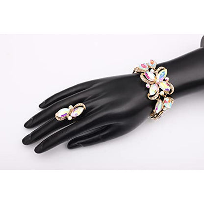 Jewelry Set for Women Rhinestone Austrian Crystal Statement Flower Necklace Link Bangle Bracelet Dangle Earrings Rings Allergy Free Wedding Party Jewelry Set for Bridal Bridesmaid - color: AB Crystal-Gold Plated