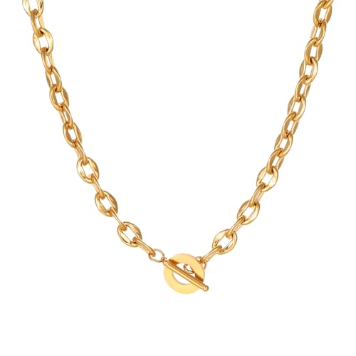 18K Gold Plated Chunky Chain Necklace for Women Dainty Cuban Paperclip Chain Toggle Bar Clasp Necklace Thick Trendy Layering Gold Chain Link Stainless Steel Jewelry - style: Toggle-Gold