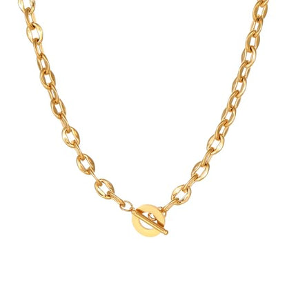 18K Gold Plated Chunky Chain Necklace for Women Dainty Cuban Paperclip Chain Toggle Bar Clasp Necklace Thick Trendy Layering Gold Chain Link Stainless Steel Jewelry - style: Toggle-Gold
