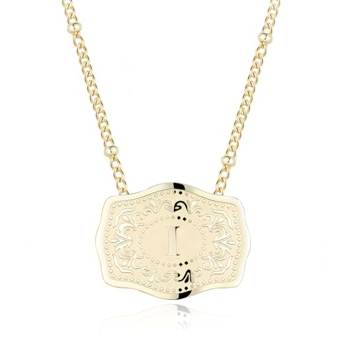 14K Gold-Plated Initial Necklace for Women, Western Belt Buckle Letter Pendant, Alphabet Necklace Includes 2 Chains, Cowgirl Jewelry Gift - color: I