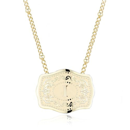 14K Gold-Plated Initial Necklace for Women, Western Belt Buckle Letter Pendant, Alphabet Necklace Includes 2 Chains, Cowgirl Jewelry Gift - color: I
