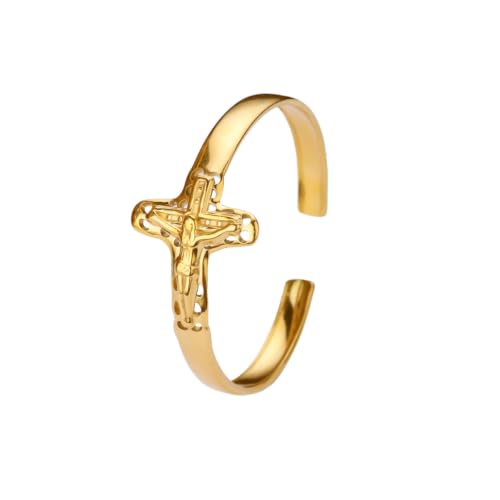 Gold Statement Cuff Bracelet Ankh Cross - Waterproof Stainless Steel Open Bangle Hypoallergenic Egyptian Key of Life Jewelry, Adjustable Protection Amulet for Women Men - color: Gold Jesus