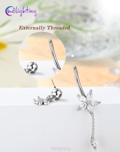 Melighting 14G Lotus Belly Button Ring Dangle Navel Ring Surgical Steel | 316L Reverse Belly Piercing Jewelry AAA Cubic Zircon, 10 mm Silver Gold Double Flower Barbell Bar Body Jewellery for Women - color: Steel Lotus