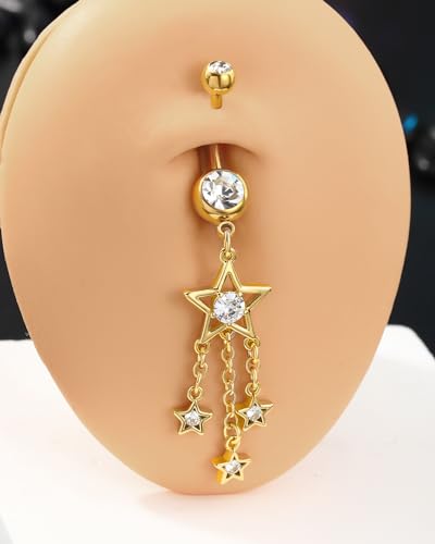 Dangle Belly Button Rings 14G Star Dangly Belly Navel Rings for Women Silver Belly Piercing Jewelry Dangling Stainless Steel - color: Gold