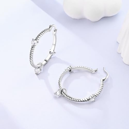 Parmuz 925 Sterling Silver Earrings Hoops for Women Ladies Simple Lightweight Twisted Medium Hoop Earrings With Cubic Zirconia Hypoallergenic Jewelry for Her - color: black silver