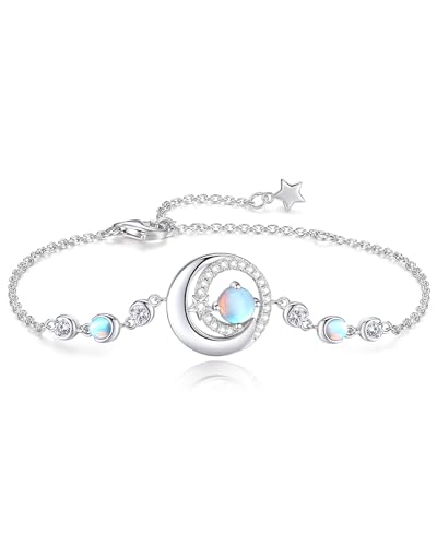 FANCIME Birthstone Bracelets 925 Sterling Silver Moon and Star Bangle Charm Bracelet Fine Jewelry Anniversary Birthday Mothers Day Gifts for Mom Her Women, Adjustable Chain 6.7"+1.2" Extend - color: link-6-moonstone