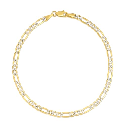 Floreo 10k Yellow Gold and White Gold 2.5mm Solid Two-Tone Figaro Chain Bracelet or Anklet