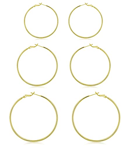 3 Pairs Sterling Silver Large Hoop Earrings Set for Women 40 50 60MM | 14K White Gold Plated, Hypoallergenic - style: H:Gold 50mm 60mm 70mm