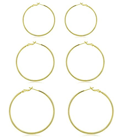 3 Pairs Sterling Silver Large Hoop Earrings Set for Women 40 50 60MM | 14K White Gold Plated, Hypoallergenic - style: H:Gold 50mm 60mm 70mm