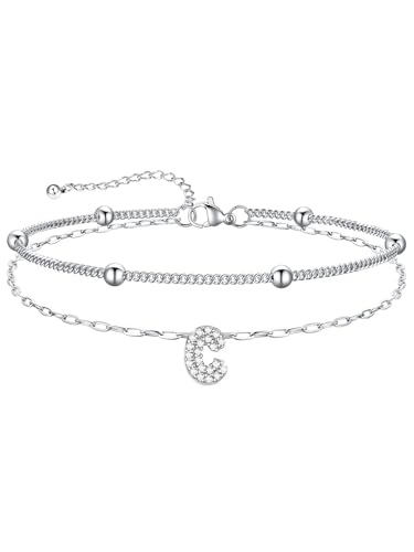 U7 Initial Ankle Bracelets for Women Silver/Gold Anklets Waterproof, 14K Gold Plated Layered Anklets Bracelet Stainless Steel Hypoallergenic 8.5"-10.5" - color: Silver-CZ, size: C