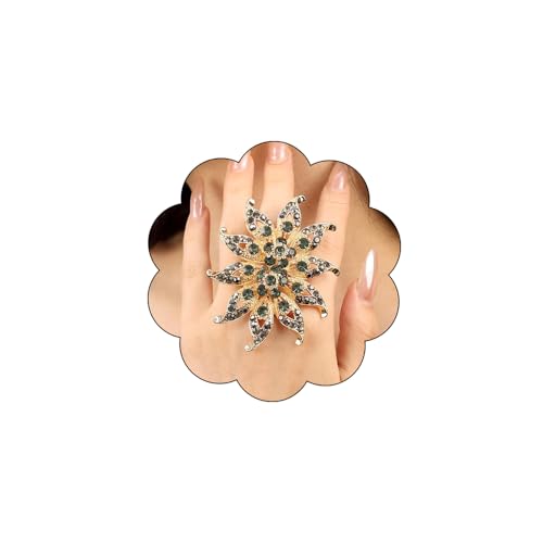 Elegant Big Crystal Flower Ring for Women Gold Rhinestone Floral Rings Open Finger Adjustable Crystal Flower Statement Ring Jewelry for Bridal Wedding - color: Flower 2 - grey