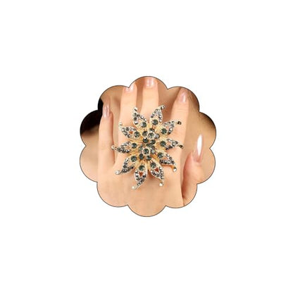 Elegant Big Crystal Flower Ring for Women Gold Rhinestone Floral Rings Open Finger Adjustable Crystal Flower Statement Ring Jewelry for Bridal Wedding - color: Flower 2 - grey