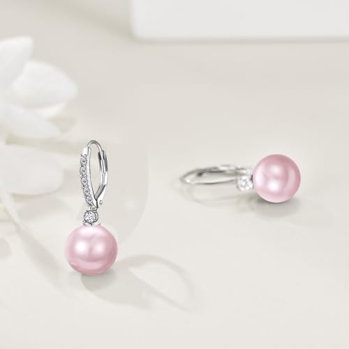 TIGER RIDER Pearl Earrings 925 Sterling Silver Leverback Hypoallergenic Drop Earring Jewelry for Women Birthday Gifts - style: Pink Pearl 3