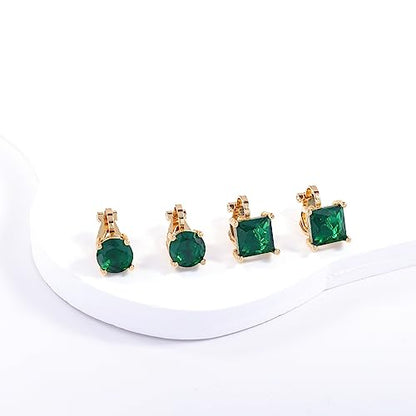 YOQUCOL 2 Pairs 8MM Cubic Zirconia Crystal Clip On Stud Earrings Non Pierced Stud Earrings For Women - color: Gold-Green